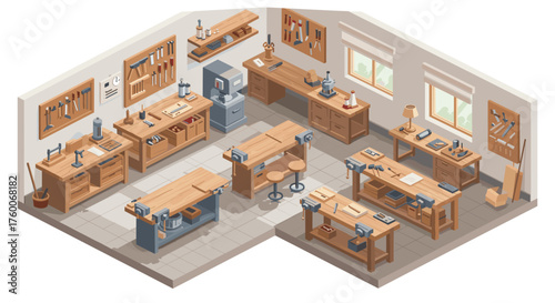Isometric workshop interior with tools and workbenches in a detailed craftsmanship design