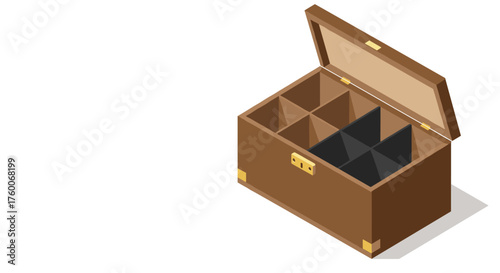 Isometric wooden box with open lid and storage compartments on white background
