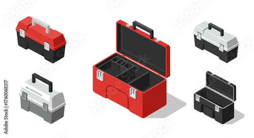 Isometric open and closed toolboxes in red and grey tones with multiple compartments
