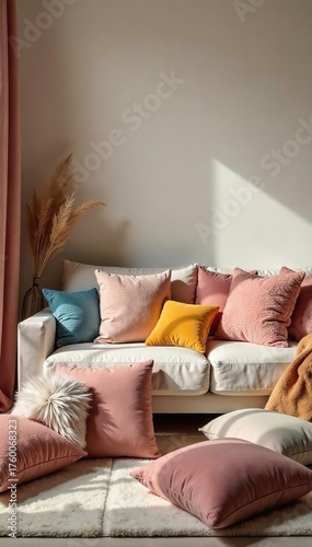 Cozy Living Room with Colorful Plush Cushions, Perfect for Relaxation and Comfort