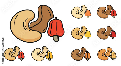 set of cashew nut outline icons vector full color
