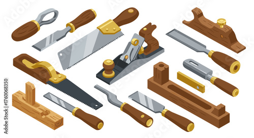 Isometric hand tools set for carpentry and woodworking projects