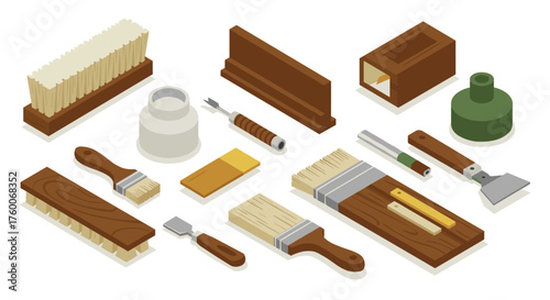 Isometric woodworking tools set with brushes and paint container on white background