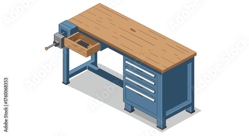 Isometric workshop bench with tools and wooden surface