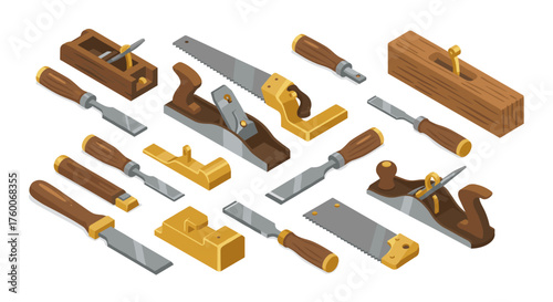 Isometric set of vintage woodworking tools with wooden handles and steel blades