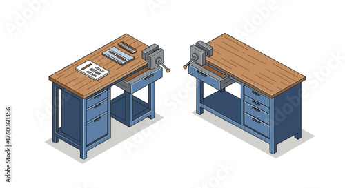 Isometric workshop tables with tools and vices on wooden tops