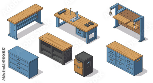 Isometric workshop furniture set featuring wooden and metal workbenches