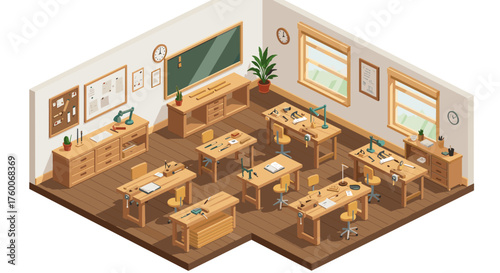 Isometric classroom with wooden furniture and educational tools in warm, inviting design