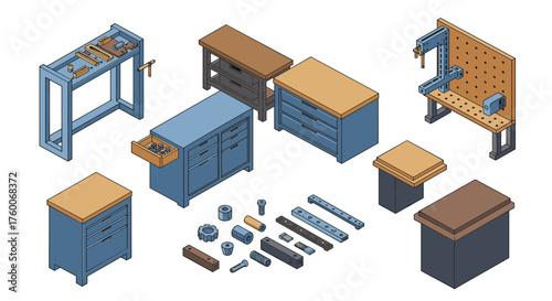 Isometric workshop furniture and tools set for woodworking projects