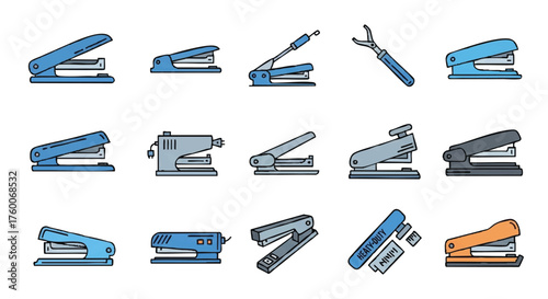 set of stapler outline icons vector full color