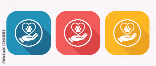 Hand Holding Heart with Paw Inside Square Icon in Blue Red and Yellow Animal Love Protect Help