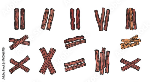 set of dried meat biltong strips outline icons vector full color
