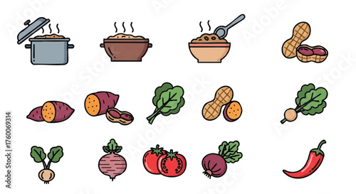 set of african peanut stew outline icons vector full color