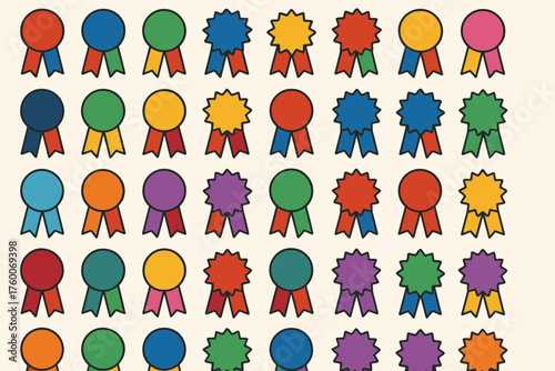 flat award ribbons set 50 medals with circular and starburst shapes ribbon tails solid flat fills bold colors.