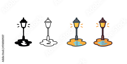 Vector icon lamppost reflection puddle autumn same pose same proportions four styles black solid glyph outline minimal flat multicolor filled cartoon flat shaded.