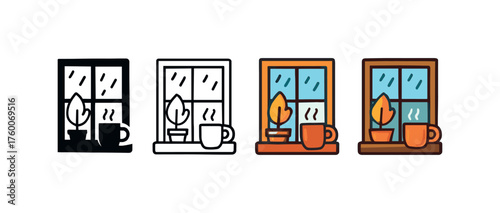 Vector icon cozy home window rain autumn same pose same proportions four styles black solid glyph outline minimal flat multicolor filled cartoon flat shaded.