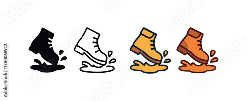 Vector icon shoes splashing puddle autumn same pose same proportions four styles black solid glyph outline minimal flat multicolor filled cartoon flat shaded.