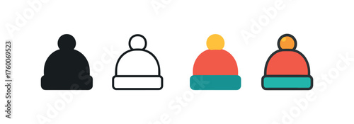 Vector icon wool hat with pompom winter same pose same proportions four styles black solid glyph outline minimal flat multicolor filled cartoon flat shaded.