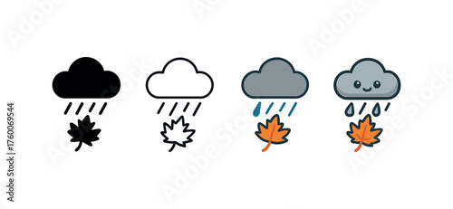Vector icon stormy sky autumn rain same pose same proportions four styles black solid glyph outline minimal flat multicolor filled cartoon flat shaded.