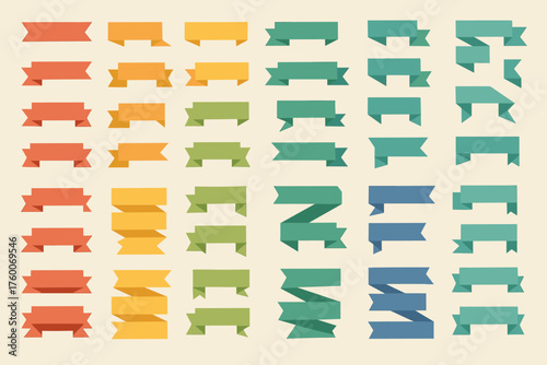 minimal flat folded ribbons set 45 designs paper fold style sharp edges multi layered banners solid color fills infographic style.