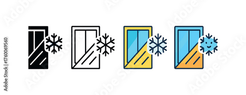 Vector icon window with insulation film winter same pose same proportions four styles black solid glyph outline minimal flat multicolor filled cartoon flat shaded.