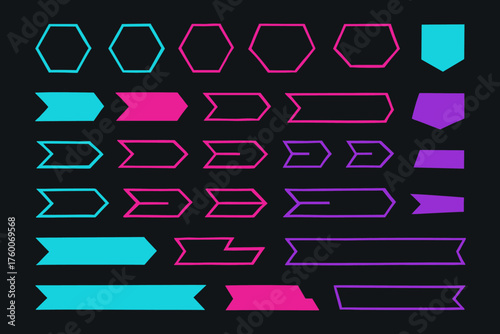 flat neon geometric ribbons set 35 shapes hexagon trapezoid angled ribbons solid neon cyan pink violet fills dark vector style futuristic minimal.