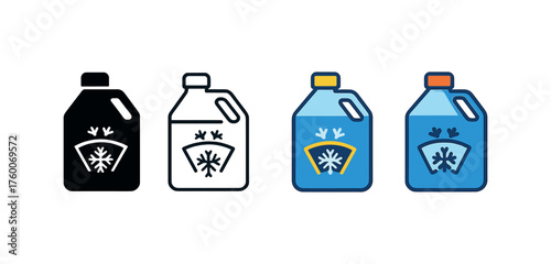 Vector icon windshield washer fluid winter same pose same proportions four styles black solid glyph outline minimal flat multicolor filled cartoon flat shaded.