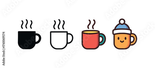 Vector icon steaming tea cup winter same pose same proportions four styles black solid glyph outline minimal flat multicolor filled cartoon flat shaded.