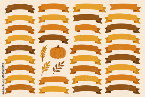thanksgiving harvest flat ribbons 40 warm brown orange banners folded corners harvest icons like wheat and pumpkin vector flat style.