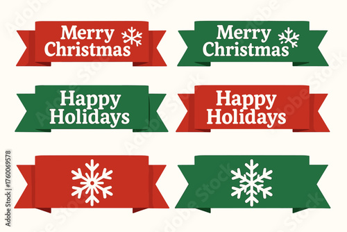christmas flat ribbon banners set red green white palette folded paper ribbons festive snowflake icons cheerful vector look.