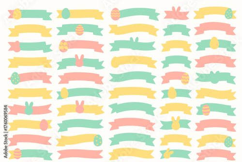 easter flat ribbon banners set 45 playful designs pastel palette pink mint ribbons with eggs and bunny icons cheerful flat style.
