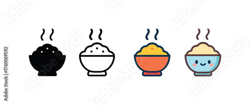 Vector icon warm porridge bowl winter same pose same proportions four styles black solid glyph outline minimal flat multicolor filled cartoon flat shaded.