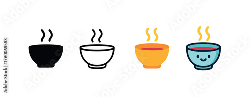 Vector icon soup bowl winter comfort food same pose same proportions four styles black solid glyph outline minimal flat multicolor filled cartoon flat shaded.
