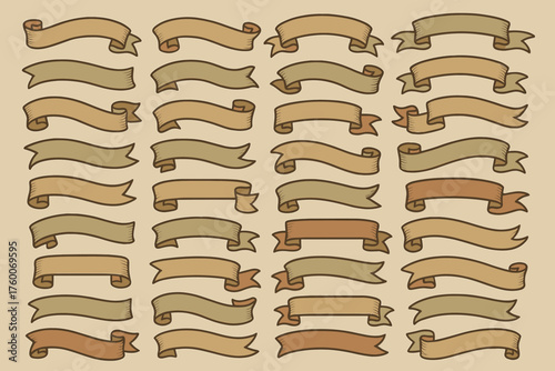 retro flat ornamental ribbons 30 decorative old style banners curled edges muted tones vintage vector flat look.