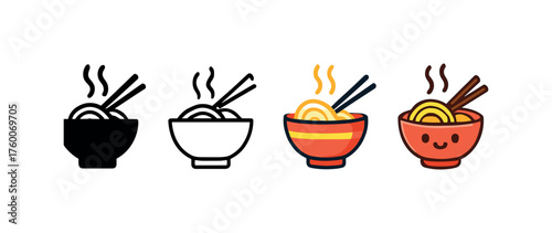 Vector icon steaming bowl ramen winter same pose same proportions four styles black solid glyph outline minimal flat multicolor filled cartoon flat shaded.
