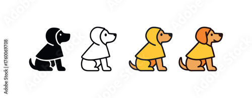 Vector icon dog in raincoat autumn same pose same proportions four styles black solid glyph outline minimal flat multicolor filled cartoon flat shaded.