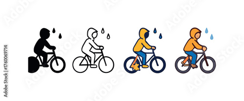Vector icon person cycling rain autumn same pose same proportions four styles black solid glyph outline minimal flat multicolor filled cartoon flat shaded.