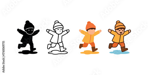 Vector icon child jumping puddle autumn same pose same proportions four styles black solid glyph outline minimal flat multicolor filled cartoon flat shaded.