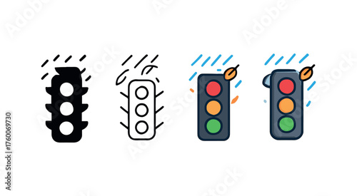 Vector icon traffic light in rain autumn same pose same proportions four styles black solid glyph outline minimal flat multicolor filled cartoon flat shaded.