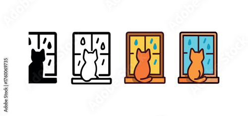 Vector icon cat sitting window rain autumn same pose same proportions four styles black solid glyph outline minimal flat multicolor filled cartoon flat shaded.