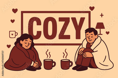 Cozy indoor banner flat vector illustration bold oversized text inside rectangular frame cartoon characters curled on floor with blankets leaning on banner cocoa mugs steaming warm beige.