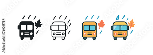 Vector icon bus in rain autumn same pose same proportions four styles black solid glyph outline minimal flat multicolor filled cartoon flat shaded.