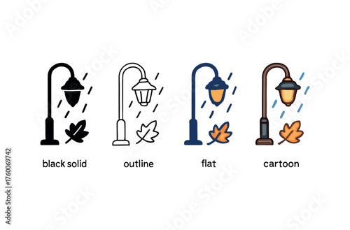 Vector icon street lamp rainy night autumn same pose same proportions four styles black solid glyph outline minimal flat multicolor filled cartoon flat shaded.