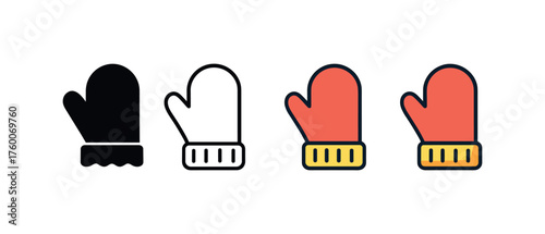Vector icon wool yarn mitten unfinished winter same pose same proportions four styles black solid glyph outline minimal flat multicolor filled cartoon flat shaded.