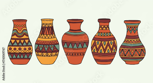 set of african clay pot outline icons vector full color