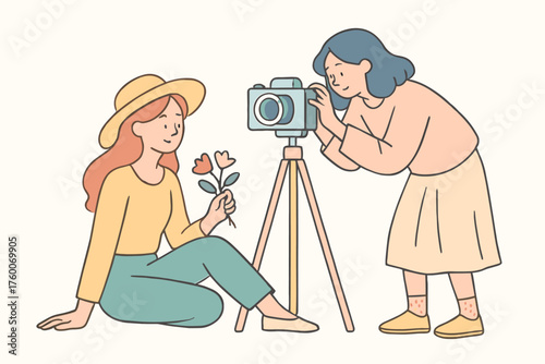Friends taking spring photoshoot outlined flat vector illustration 2 subjects with camera and tripod pastel palette relaxed creative mood.