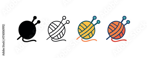Vector icon wool yarn ball knitting winter same pose same proportions four styles black solid glyph outline minimal flat multicolor filled cartoon flat shaded.