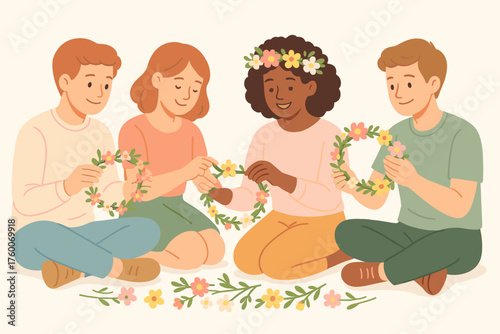 Friends making flower crowns detailed flat vector illustration 4 people weaving flowers pastel spring palette cheerful relaxed mood.