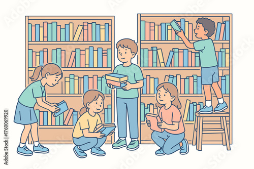 Children organizing books in school library outlined flat vector illustration 4 kids with shelves of books pastel palette educational atmosphere.