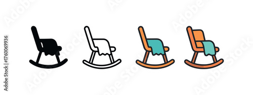 Vector icon rocking chair with blanket winter same pose same proportions four styles black solid glyph outline minimal flat multicolor filled cartoon flat shaded.
